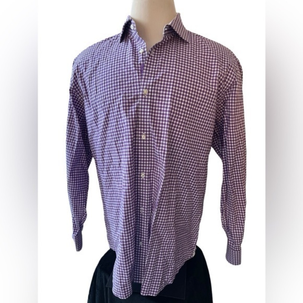 ROBERT GRAHAM‎ Luxury Purple White Checked Button Up Shirt Size 46/18 (XXL)